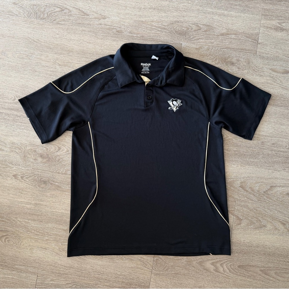 Reebok Pittsburgh Penguins NHL Polo Shirt Black Gold Mens Medium Logo - Picture 7 of 10